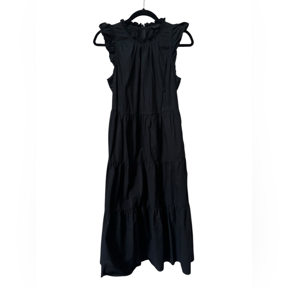 J Crew black tiered maxi dress with ruffled collar and ruffled cap sleeve